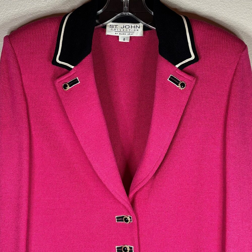St. John Collection 3-pc Raspberry Pink & Black Knit Set | Jacket, Shell & Skirt